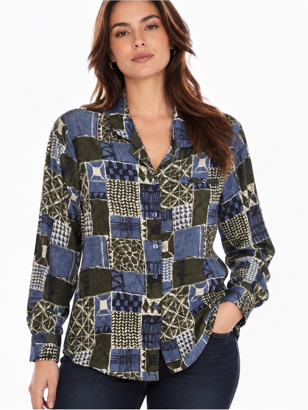 Dressbarn 100% Silk Patchwork Print Button Front Blouse Blue Olive Petite